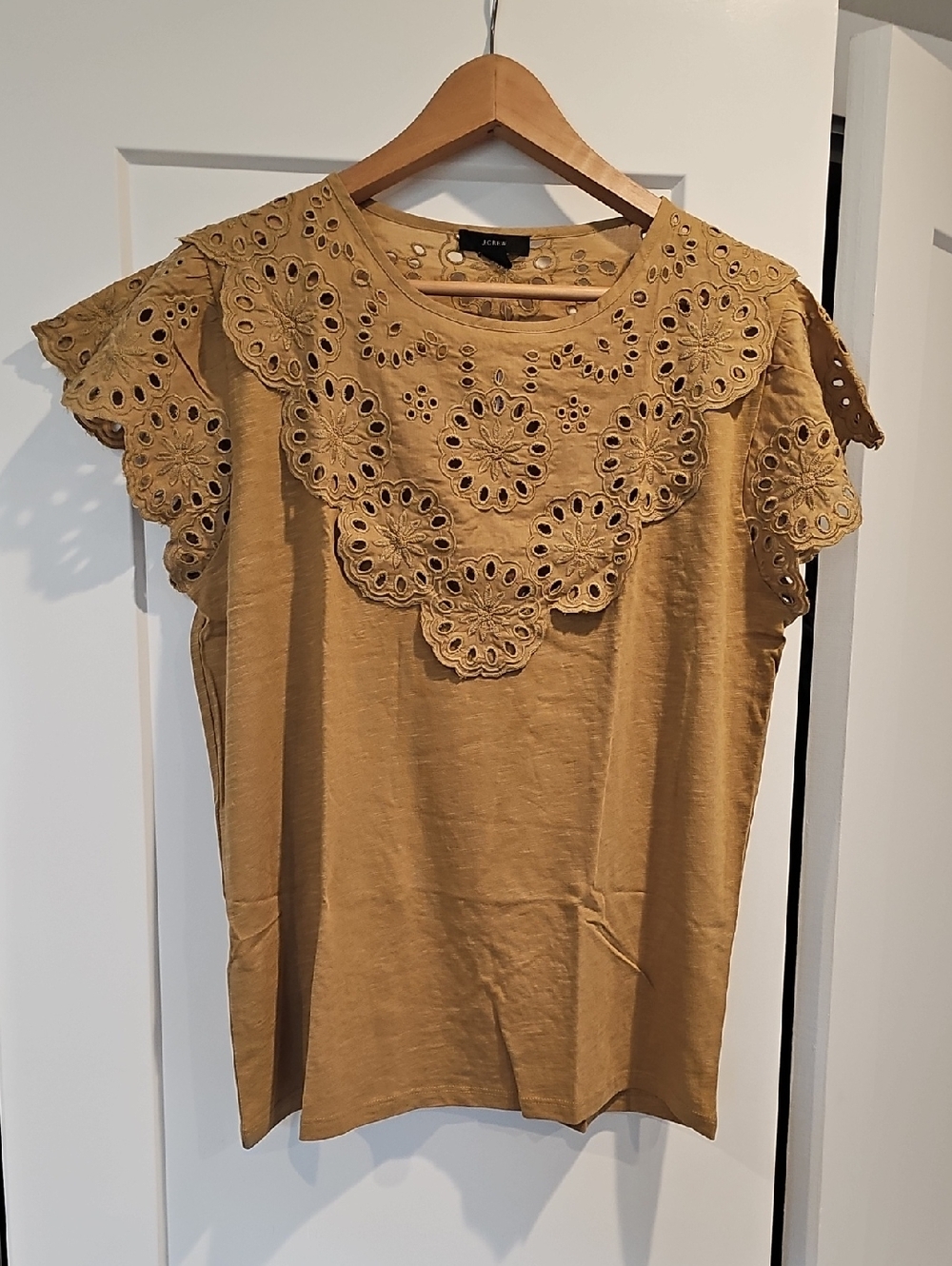 J. Crew Mustard Eyelet Lace Flutter Sleeve Top
